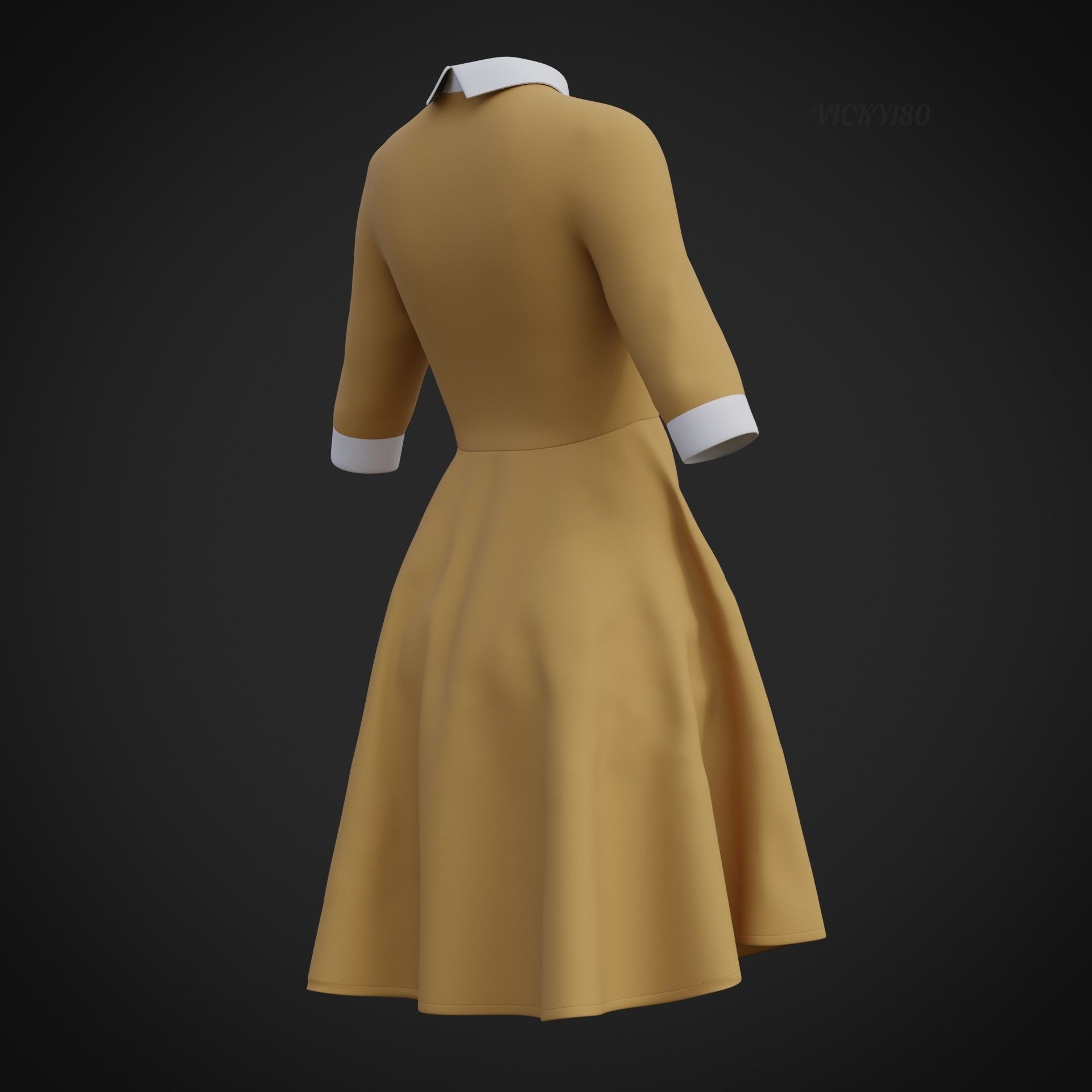 Mustard collar Flare formal dress - office gown 3D model_24