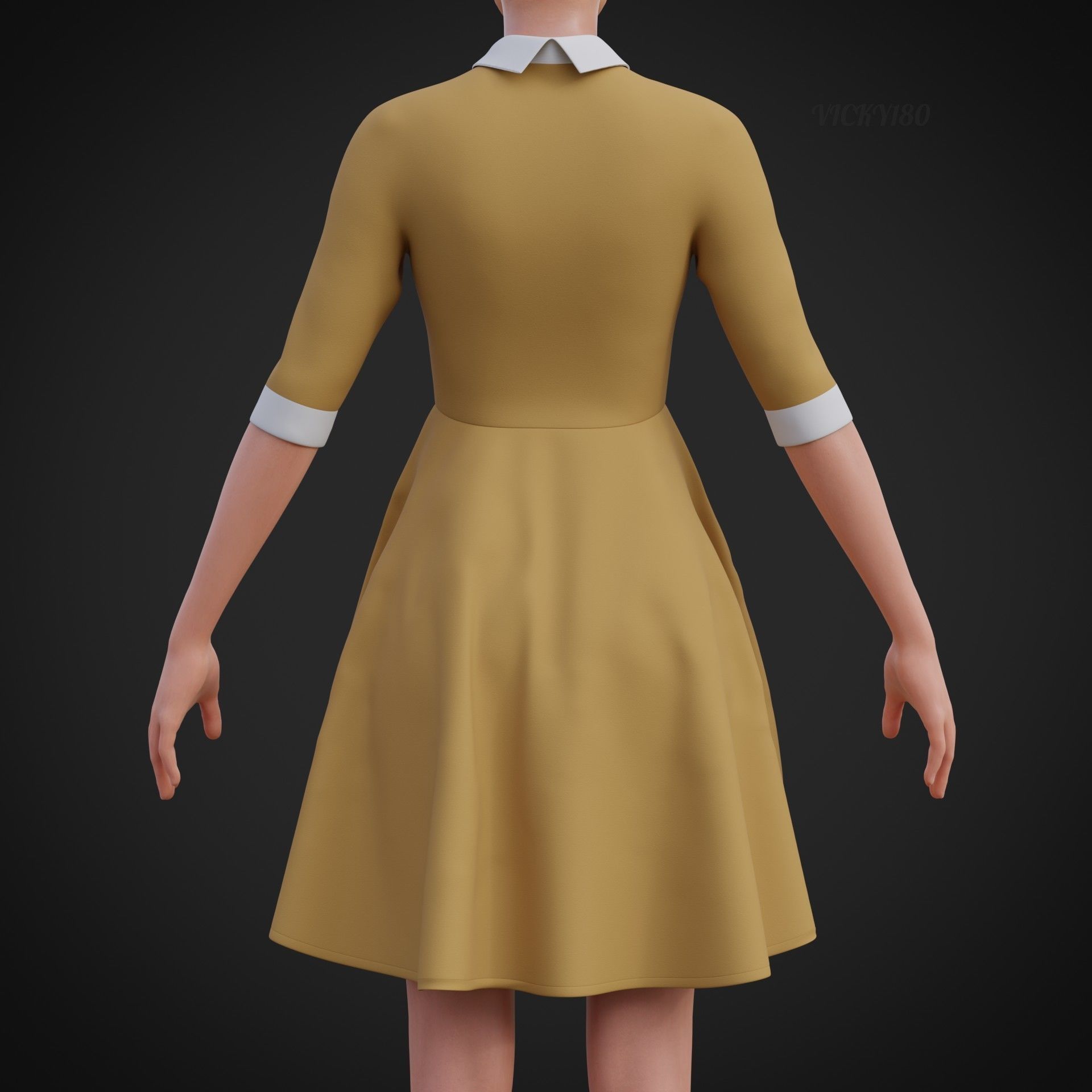 Mustard collar Flare formal dress - office gown 3D model_5