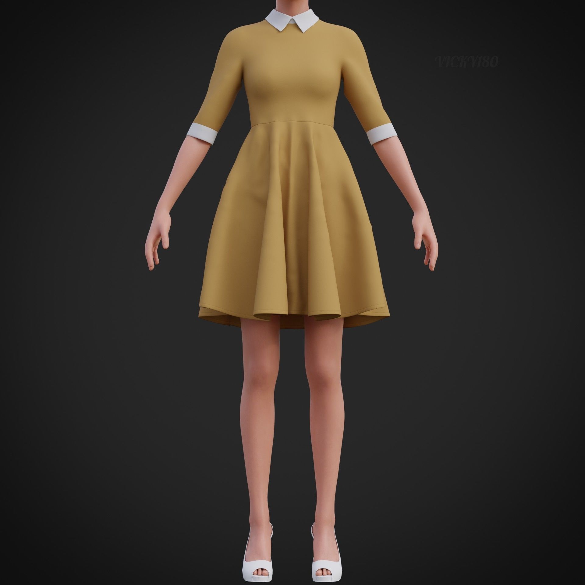 Mustard collar Flare formal dress - office gown 3D model_12