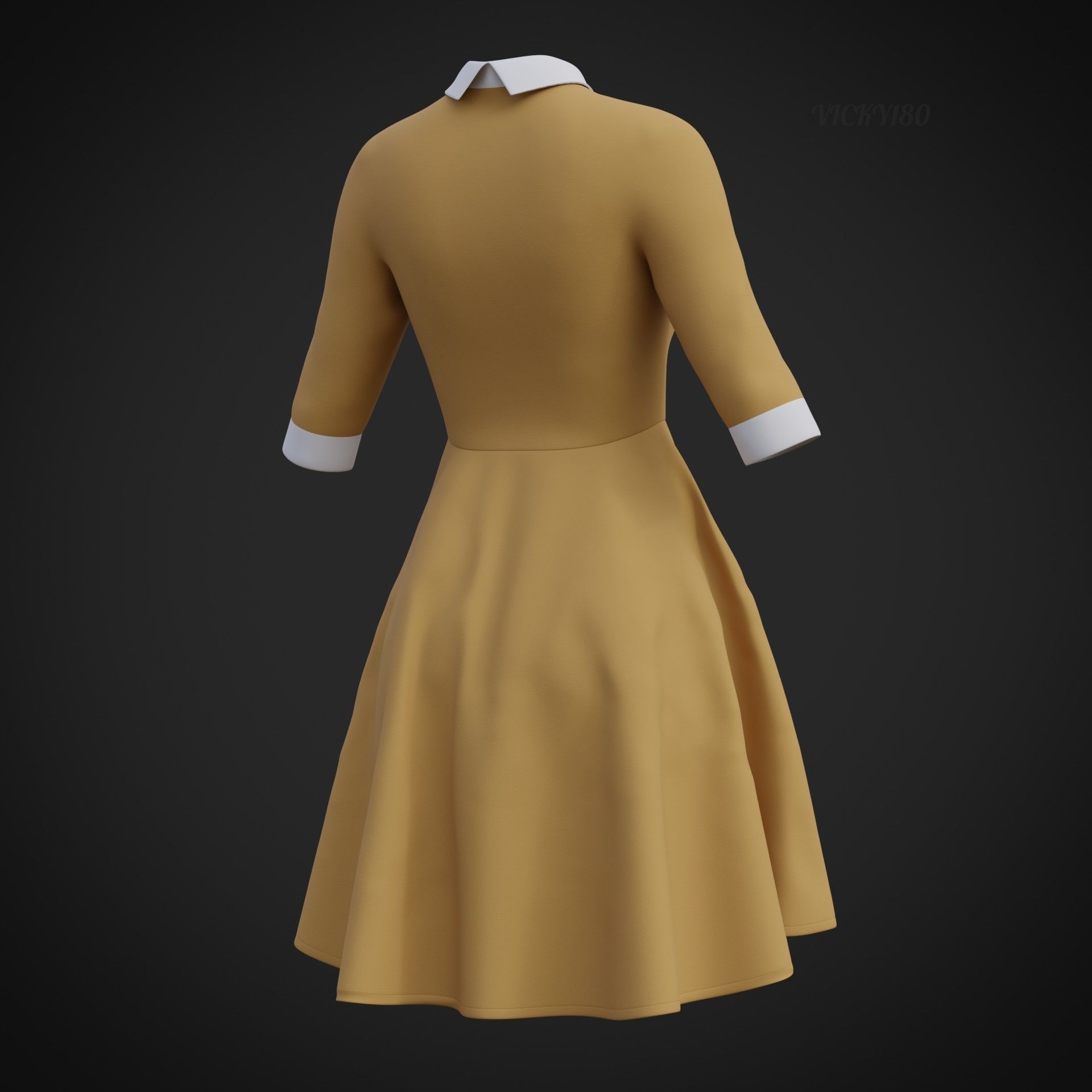 Mustard collar Flare formal dress - office gown 3D model_25