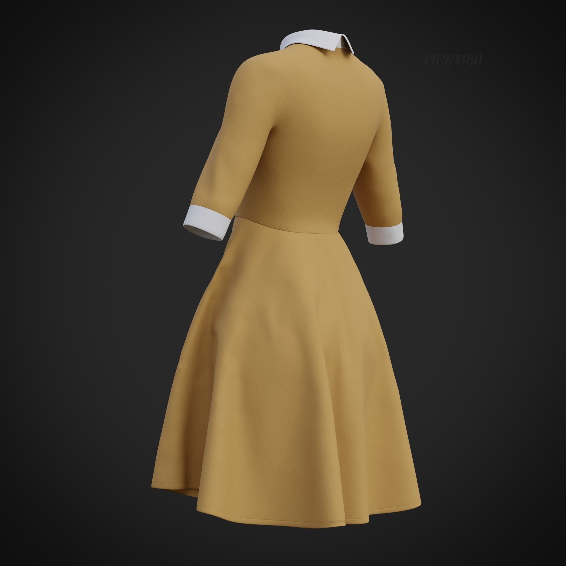 Mustard collar Flare formal dress - office gown 3D model_28
