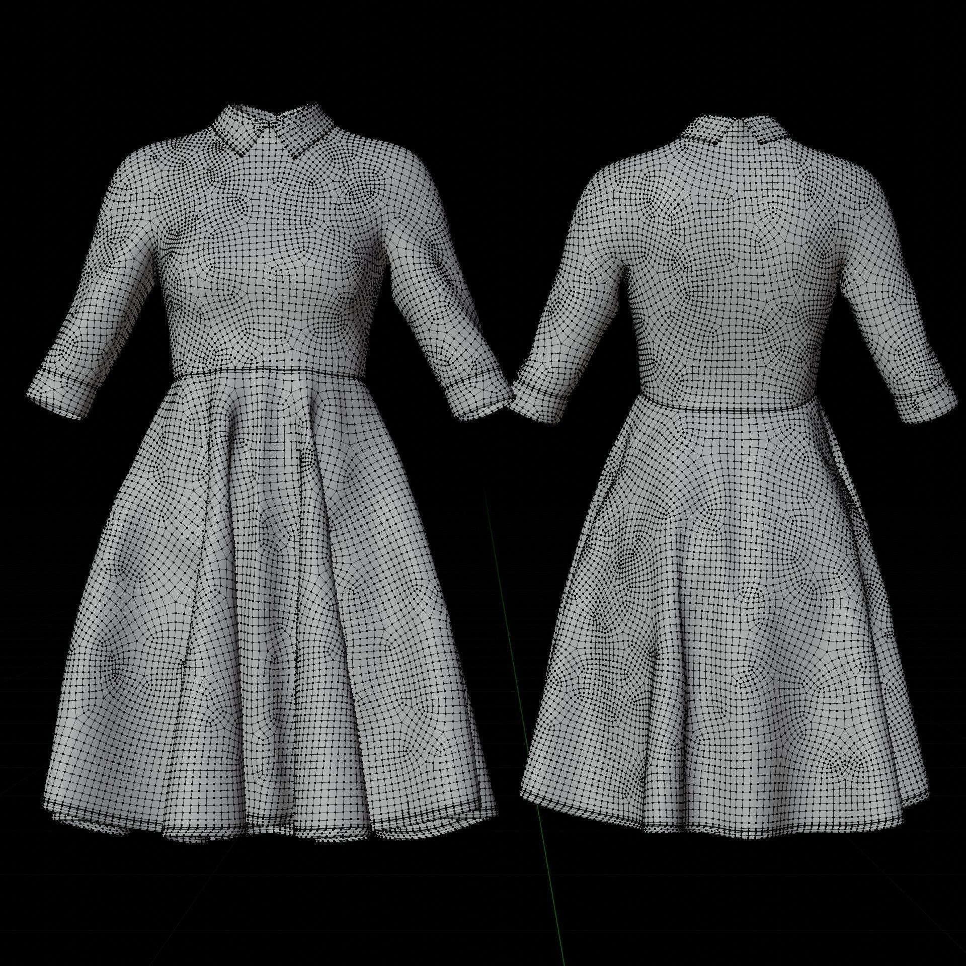 Mustard collar Flare formal dress - office gown 3D model_3