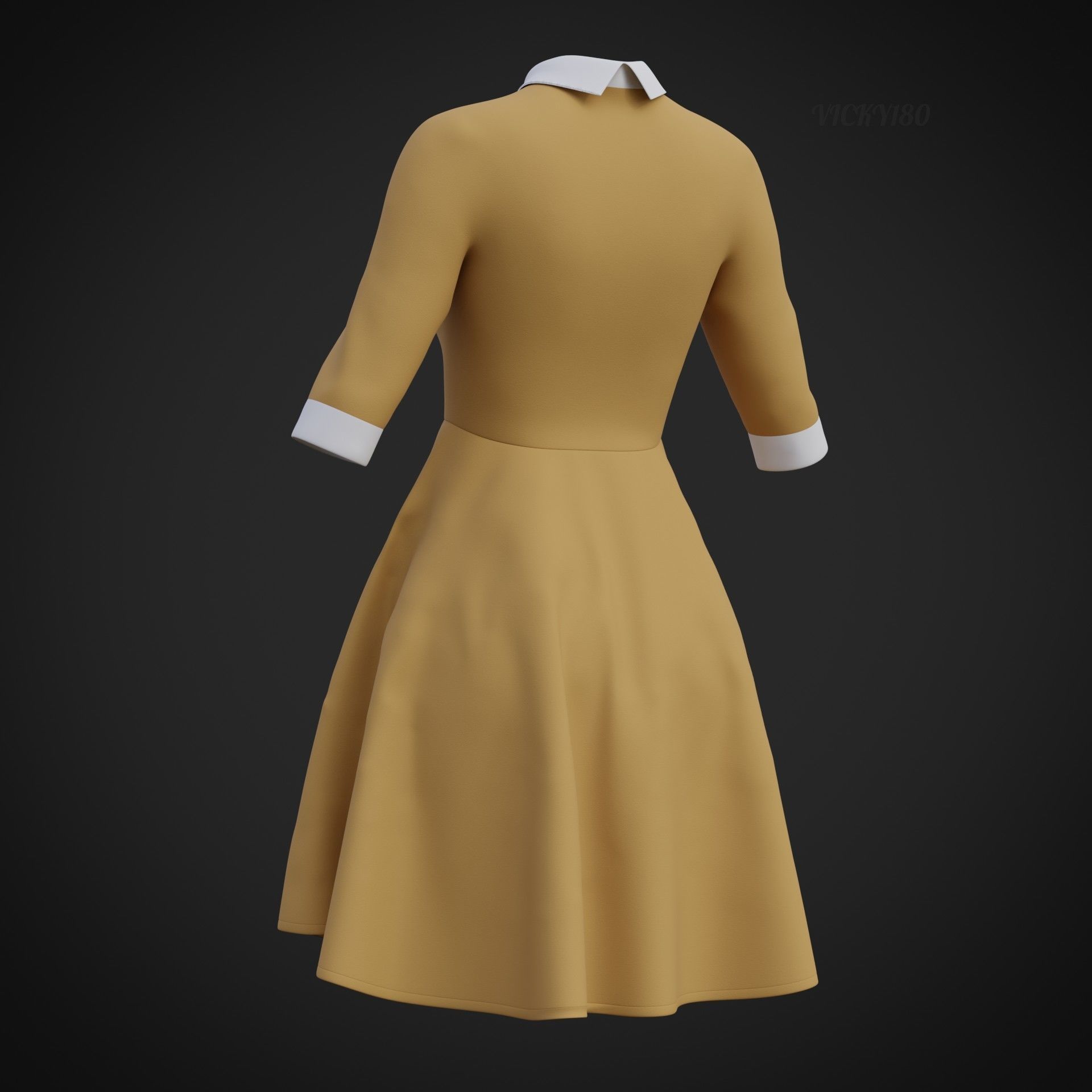 Mustard collar Flare formal dress - office gown 3D model_27