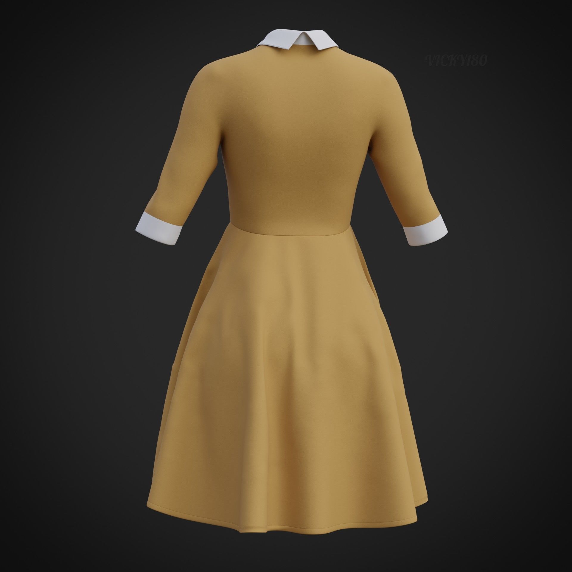 Mustard collar Flare formal dress - office gown 3D model_26