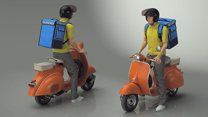 Delivery Man on Retro Scooter Standing 3D model 7