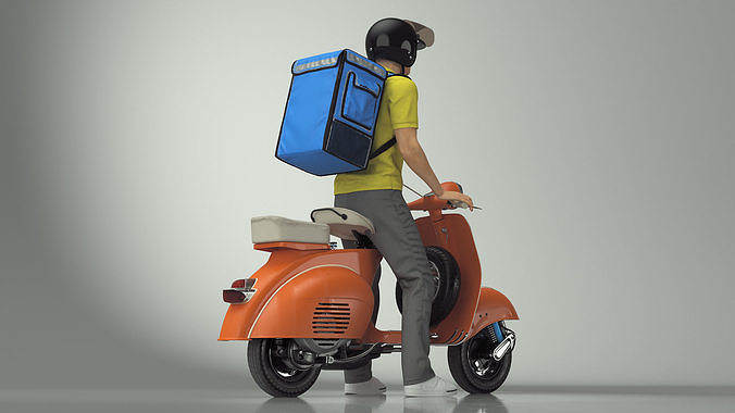 Delivery Man on Retro Scooter Standing 3D model 6