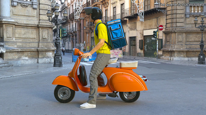 Delivery Man on Retro Scooter Standing 3D model