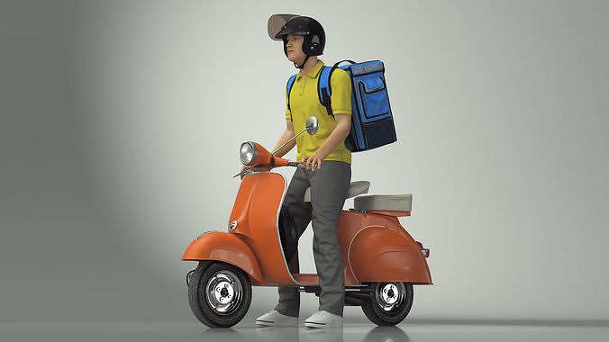 Delivery Man on Retro Scooter Standing 3D model 5