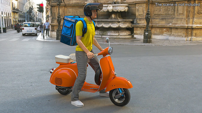Delivery Man on Retro Scooter Standing 3D model 2
