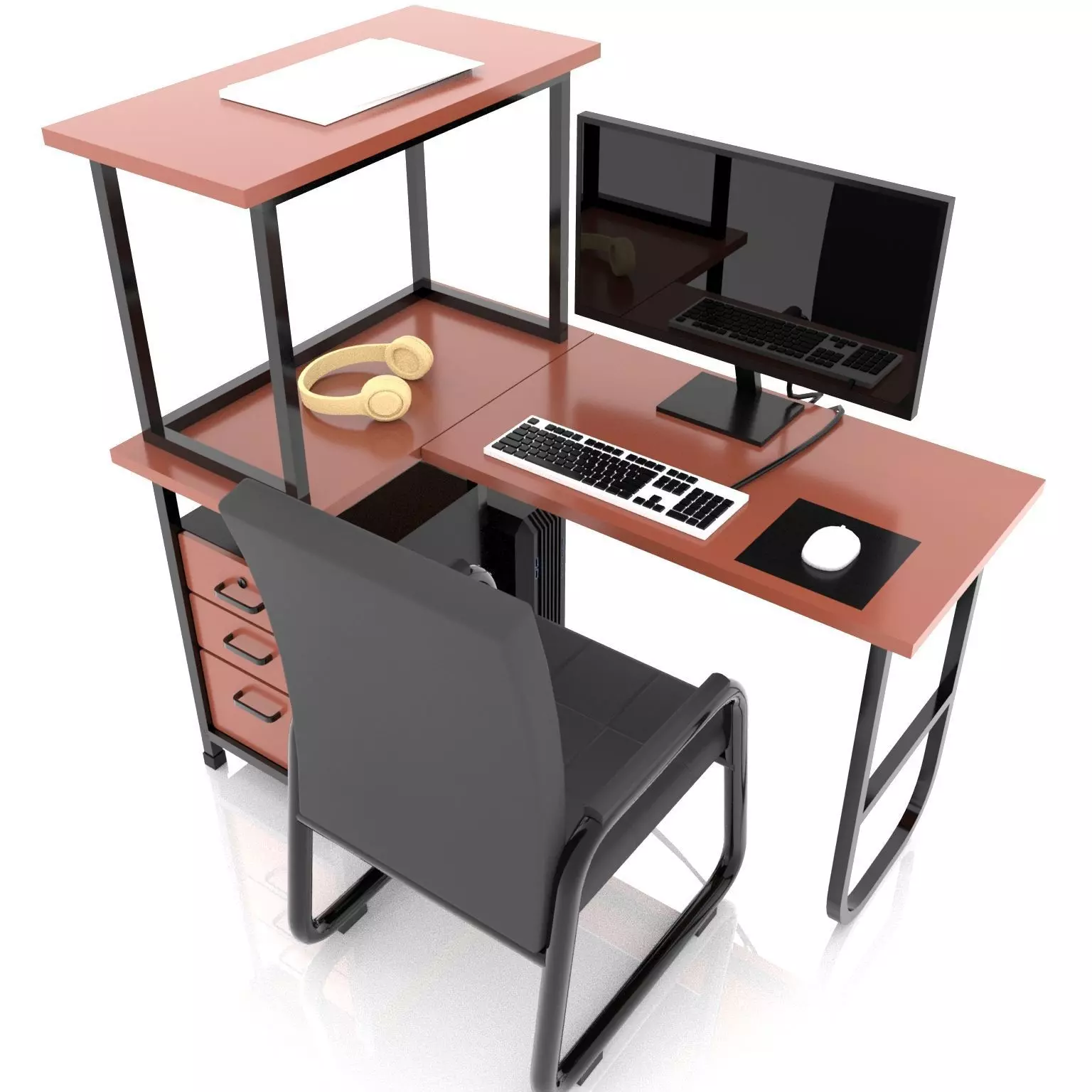 Desktop Computer Table and Chair Low Poly Low-poly 3D model_0