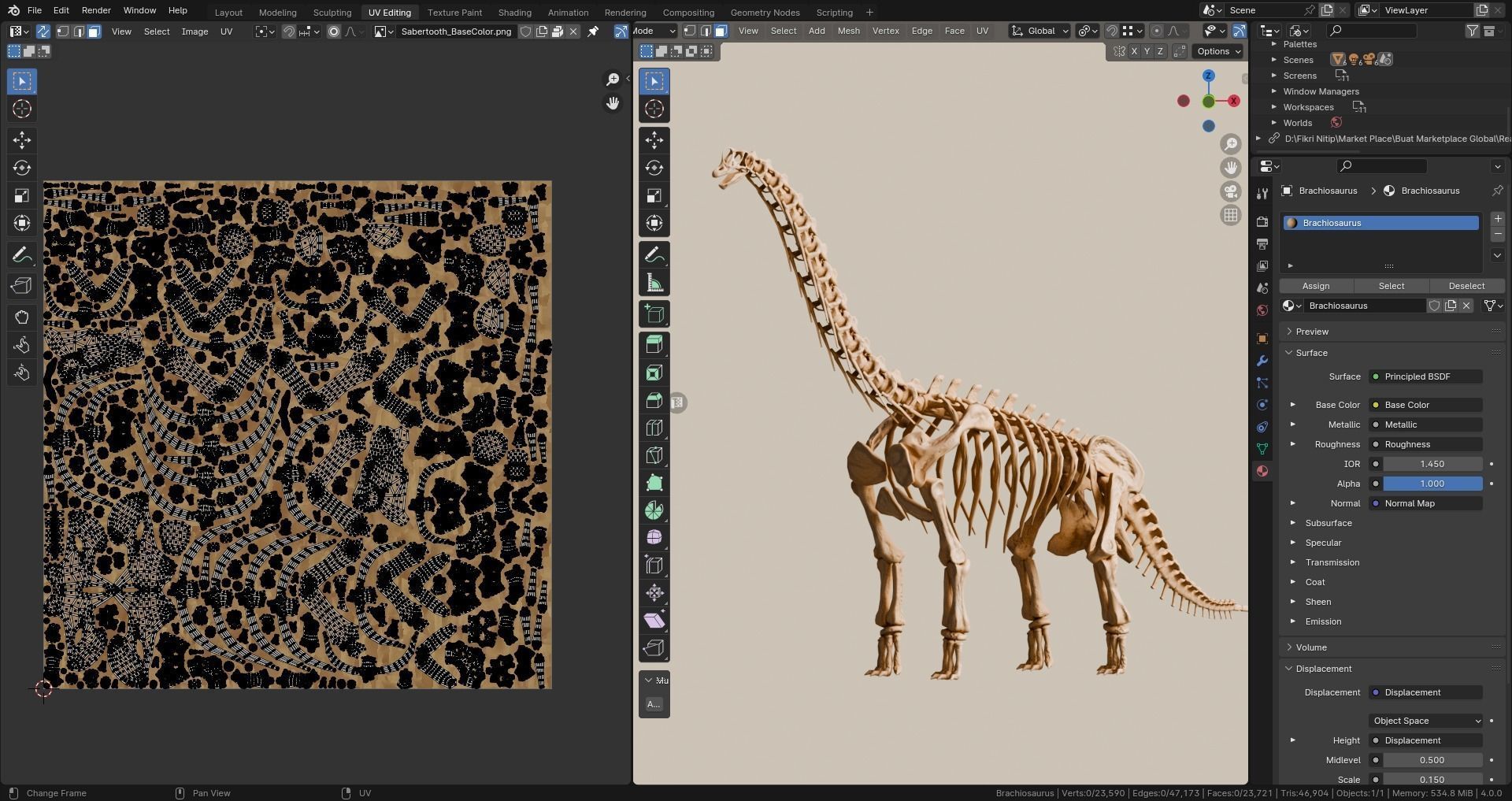 Realistic Ancient Reptilians Fossil - Brachiosaurus Low-poly 3D model_10