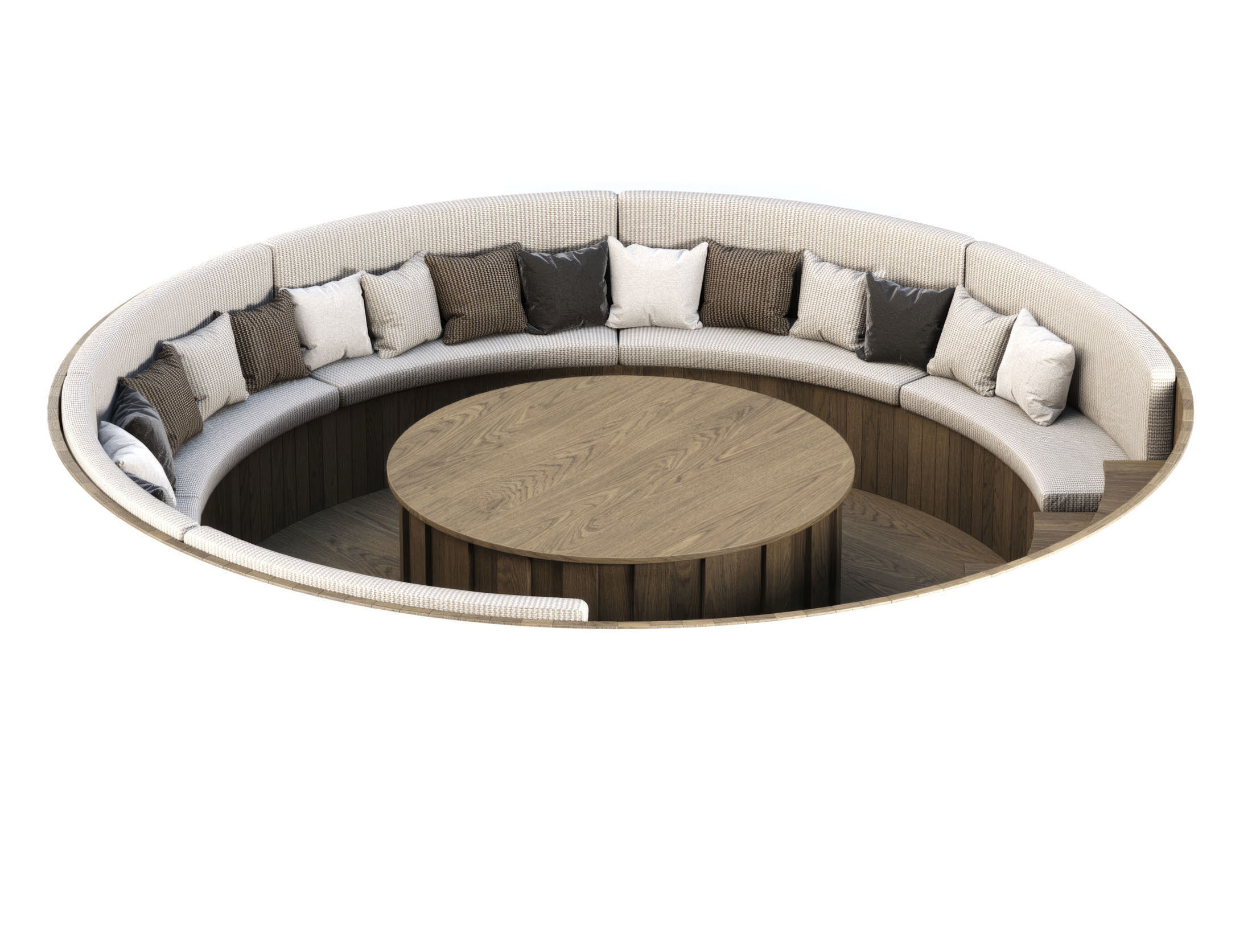 Wooden Round Garden Built-in Bench  3D model_3