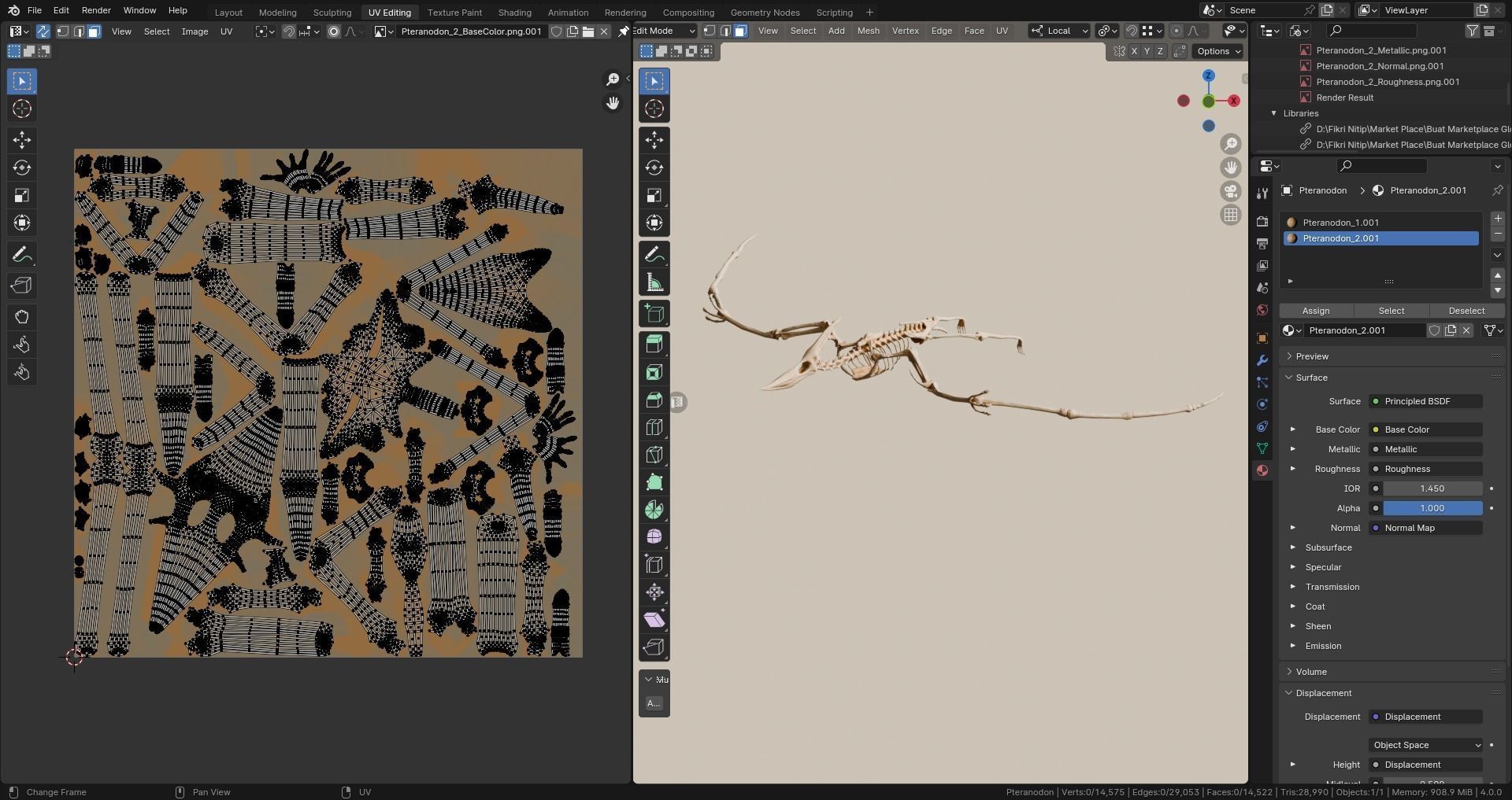 Realistic Ancient Reptilians Fossil - Pteranodon Low-poly 3D model_11