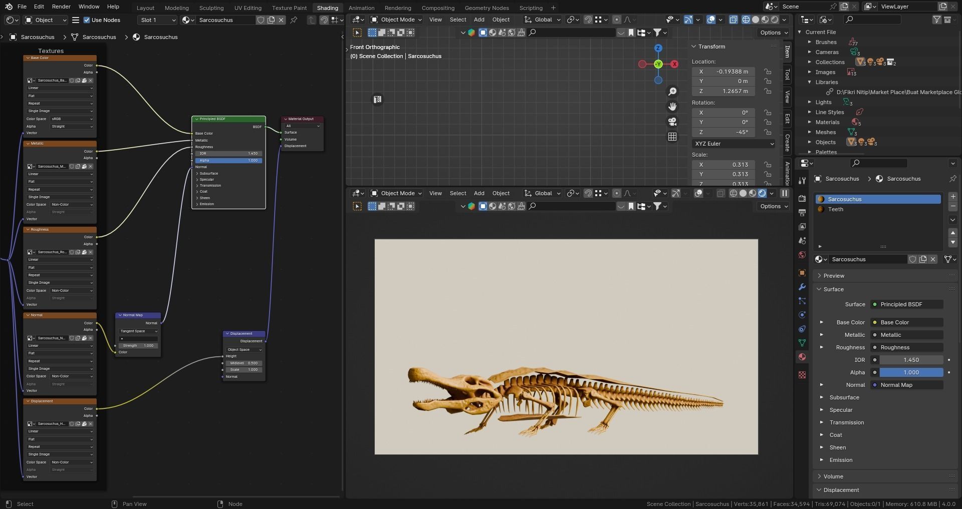 Realistic Ancient Reptilians Fossil - Sarcosuchus Low-poly 3D model_12