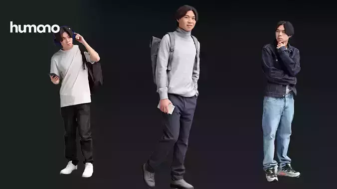 Asian man walking standing by Humano - 3 models and 1 Free model 3D Model Collection