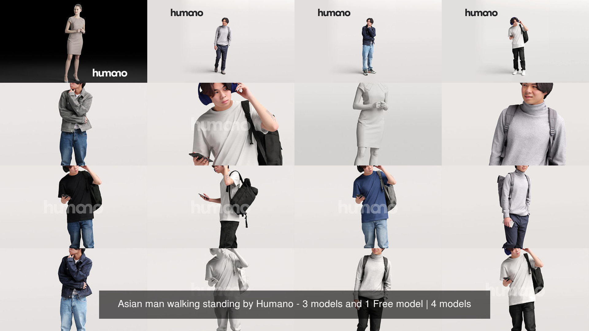 Asian man walking standing by Humano - 3 models and 1 Free model 3D Model Collection_2