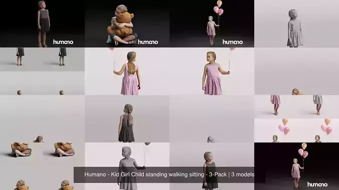 Humano - Kid Girl Child standing walking sitting - 3-Pack