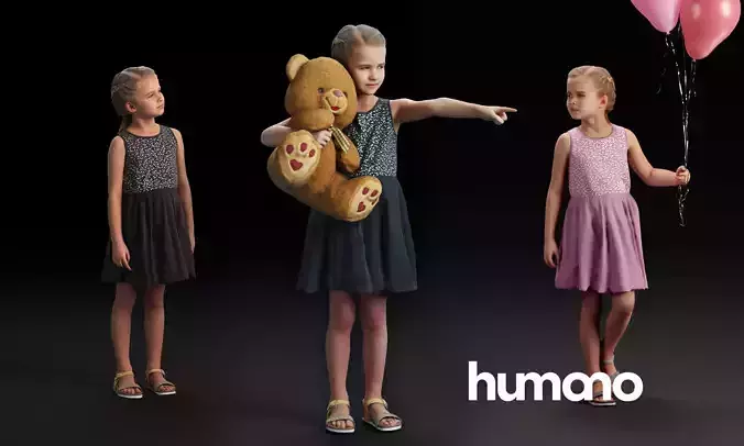 Humano - Kid Girl Child standing walking sitting - 3-Pack 3D Model Collection