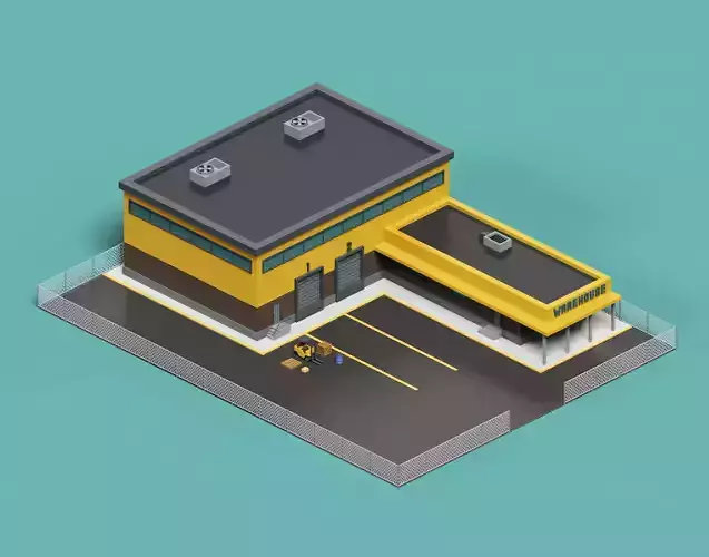Warehouse Logistics building with forklift and props Low-poly 3D model