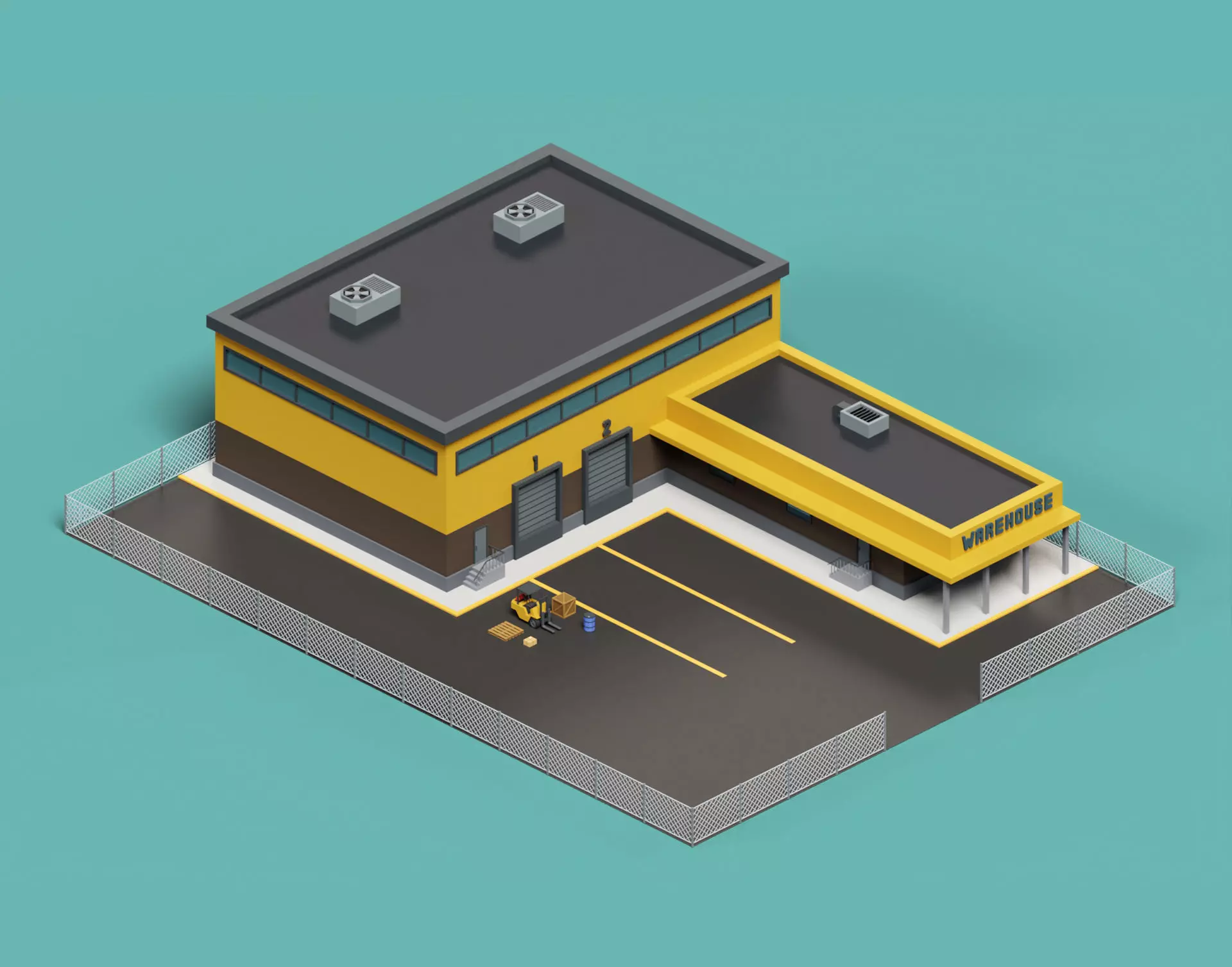 Warehouse Logistics building with forklift and props Low-poly 3D model_0