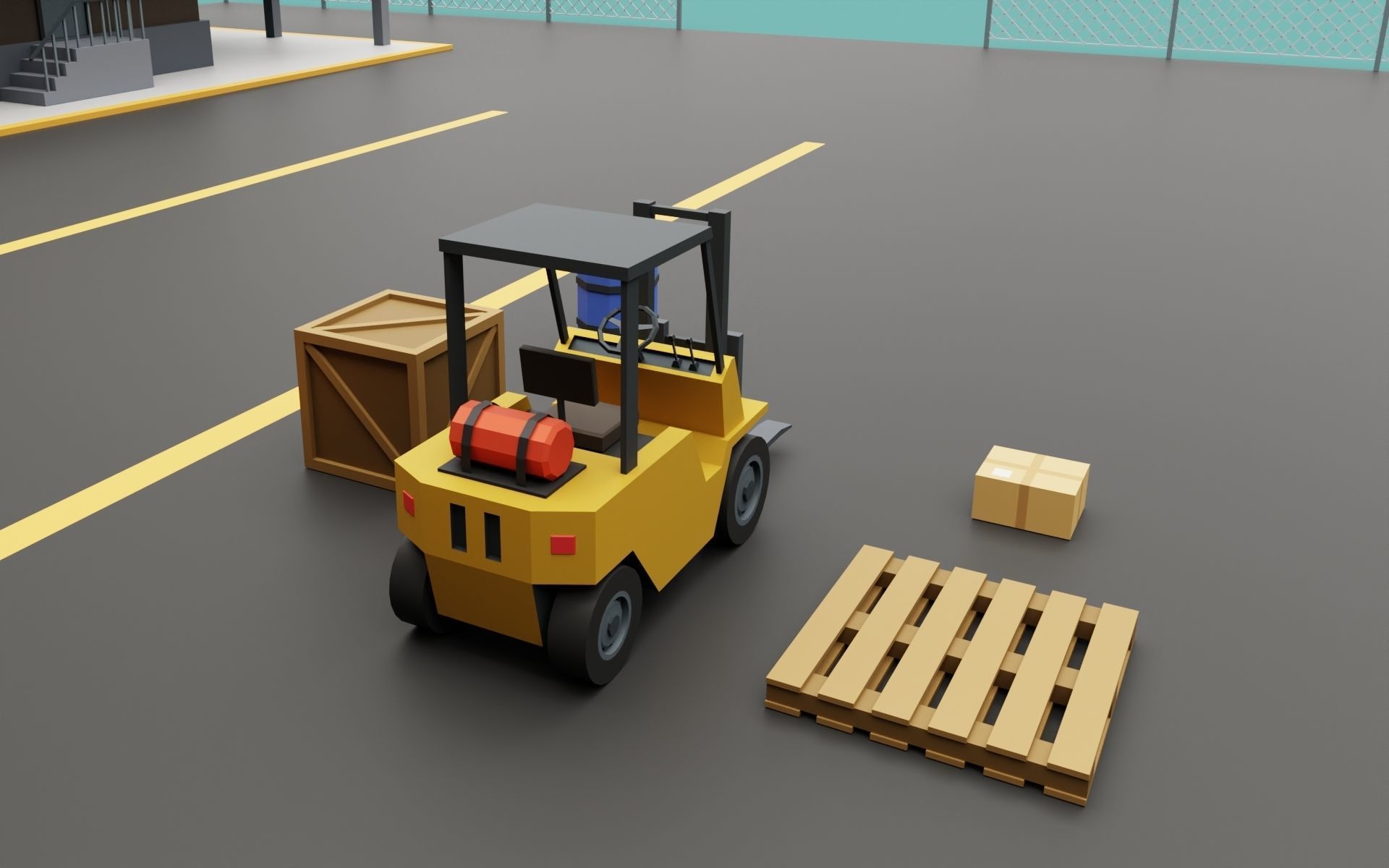 Warehouse Logistics building with forklift and props Low-poly 3D model_3