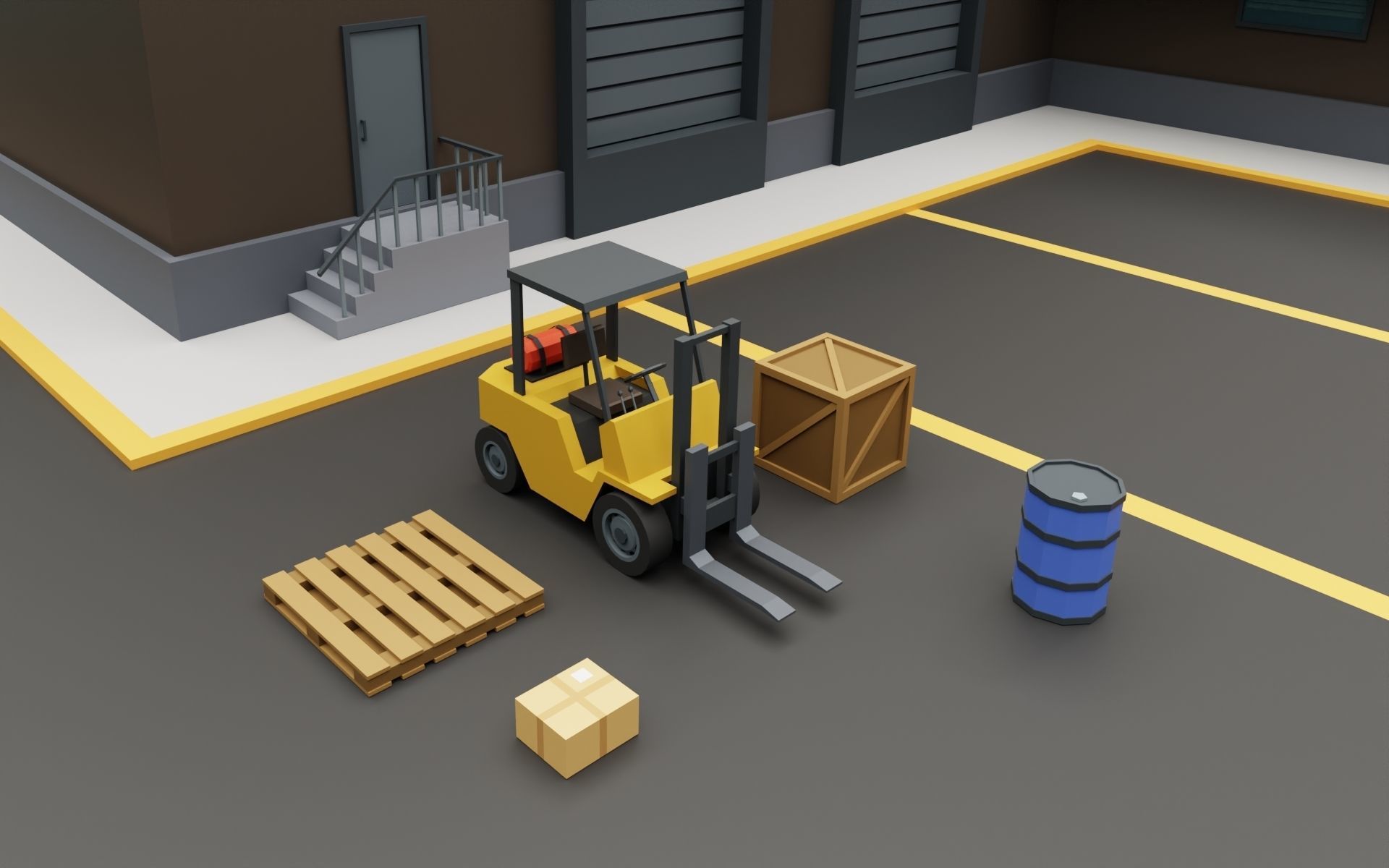 Warehouse Logistics building with forklift and props Low-poly 3D model_2