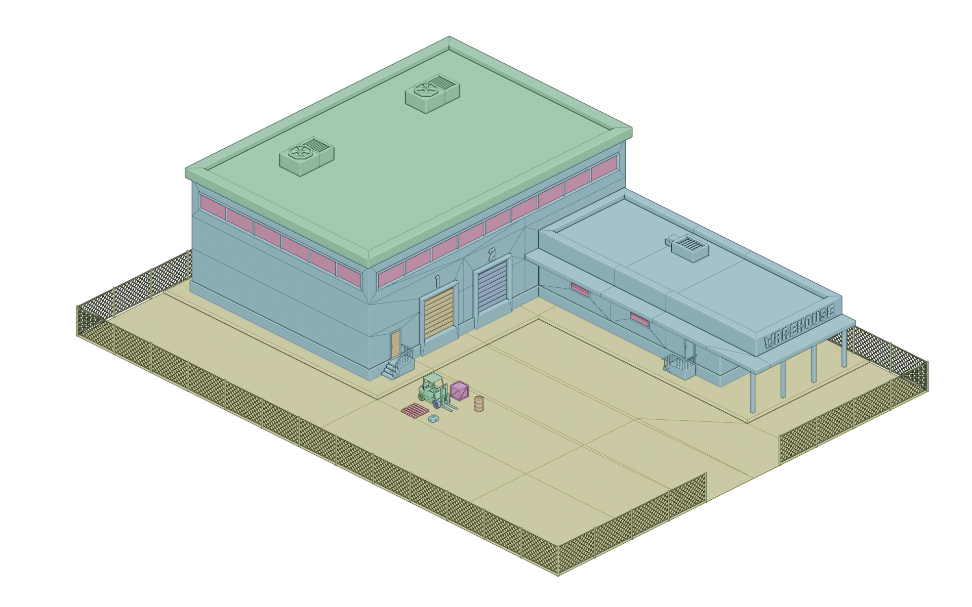 Warehouse Logistics building with forklift and props Low-poly 3D model_7