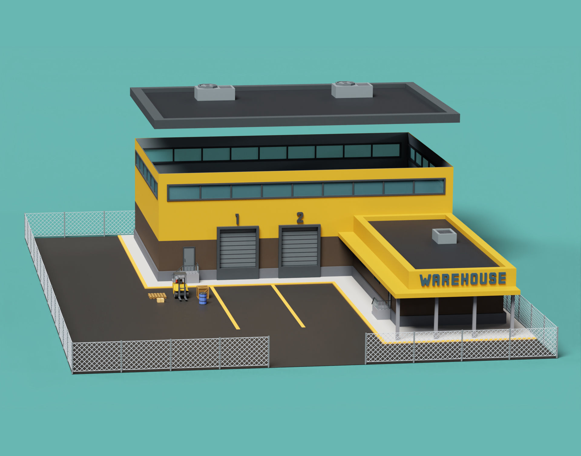 Warehouse Logistics building with forklift and props Low-poly 3D model_6