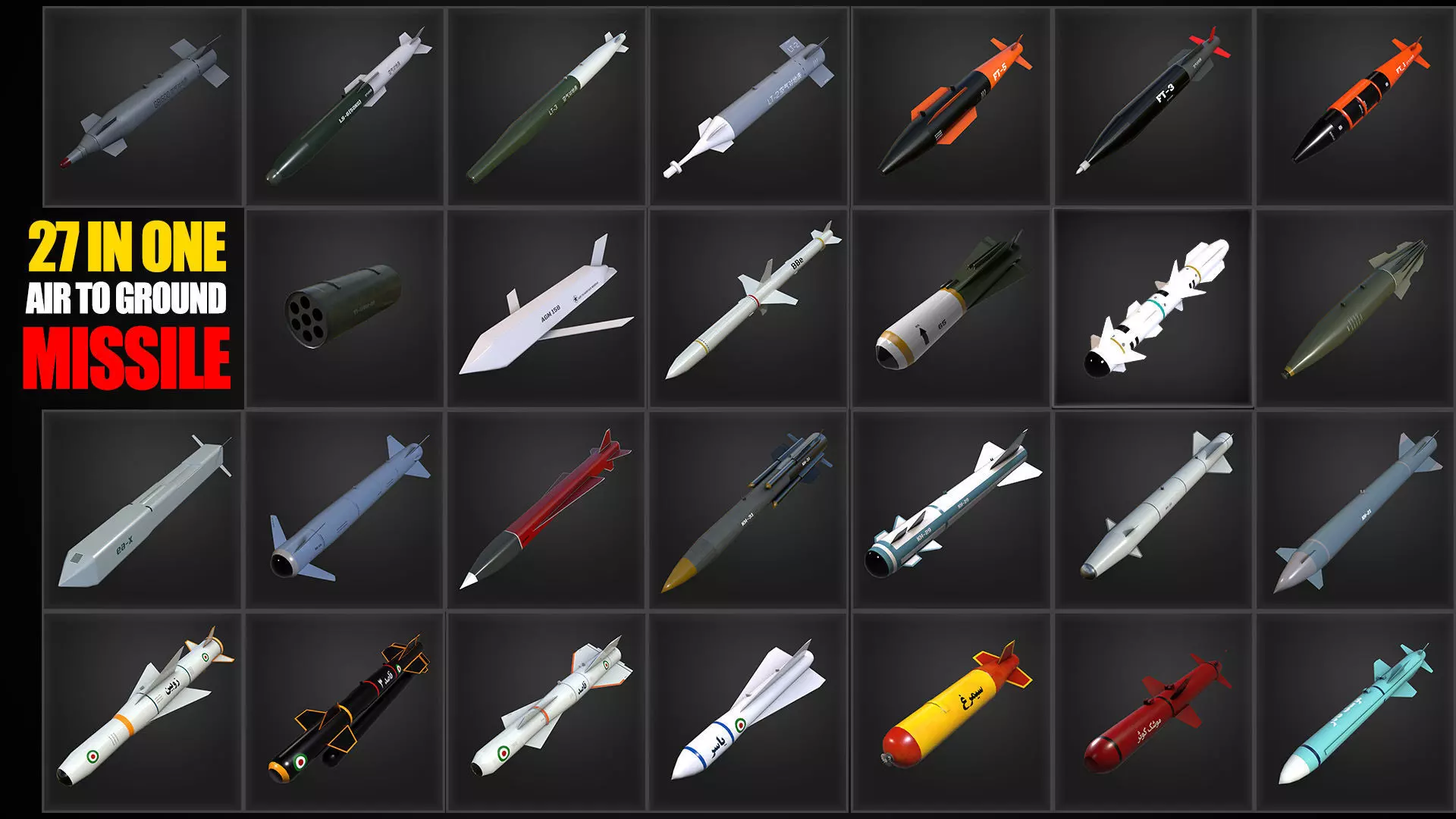 Air to ground missile and bomb lowpoly package Low-poly 3D model_0