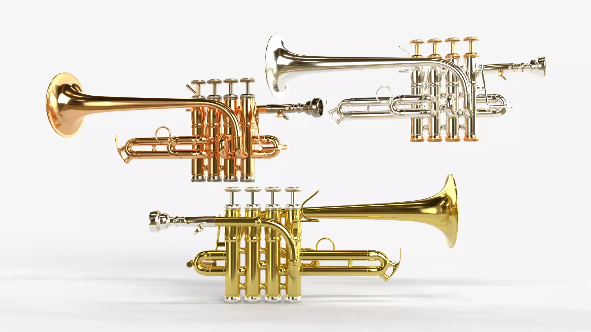 Piccolo Trumpet 3 Types of Materials Brass Copper and Silver 3D model_0