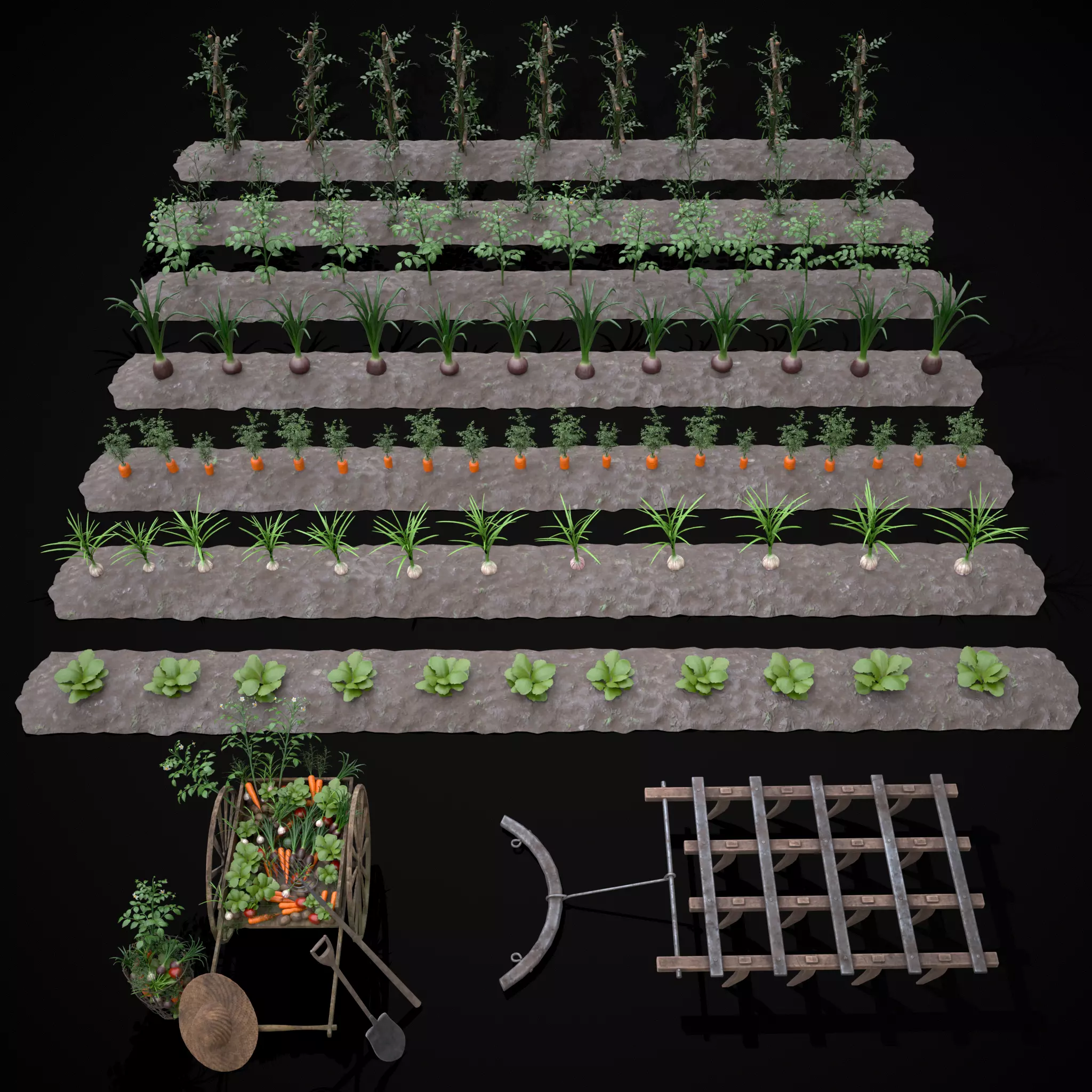 Crops Wheelbarrow and Plow 3D Model Collection_0
