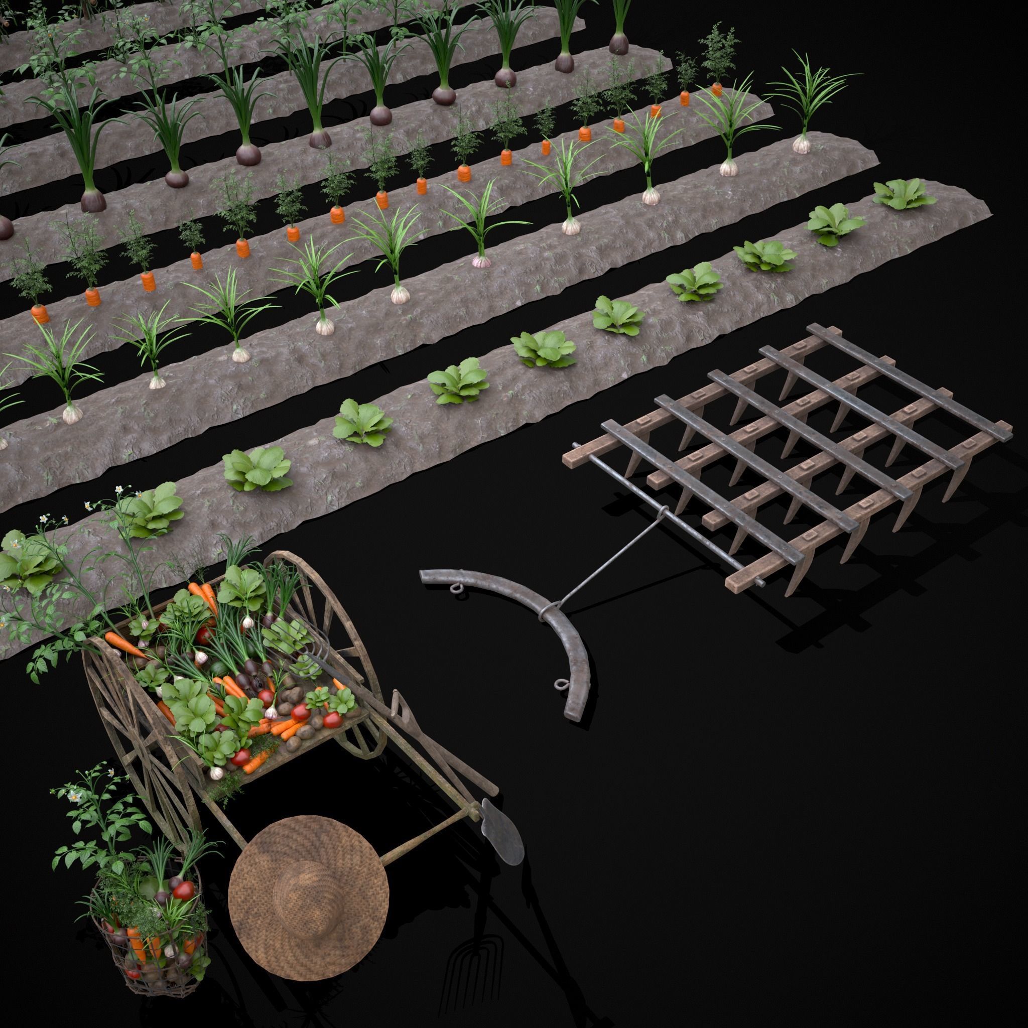 Crops Wheelbarrow and Plow 3D Model Collection_3