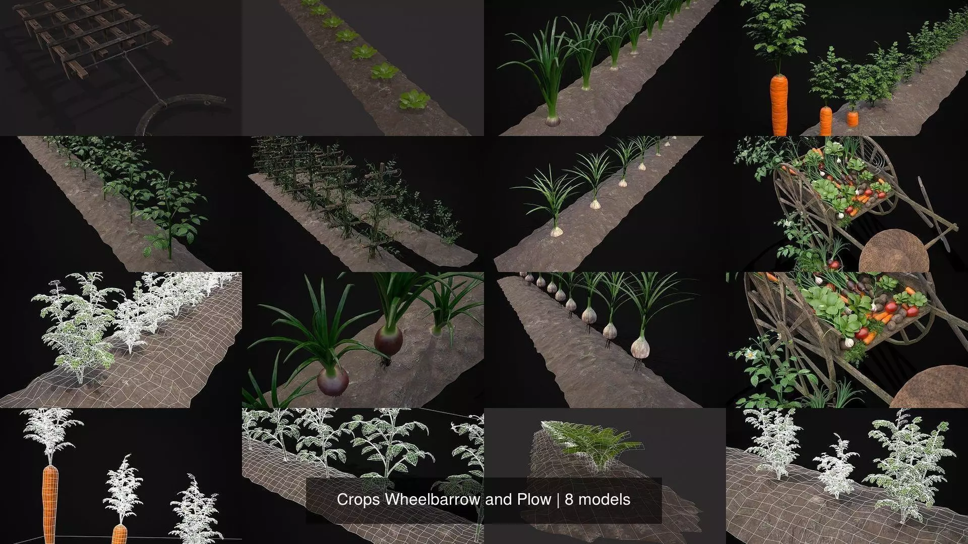 Crops Wheelbarrow and Plow 3D Model Collection_1