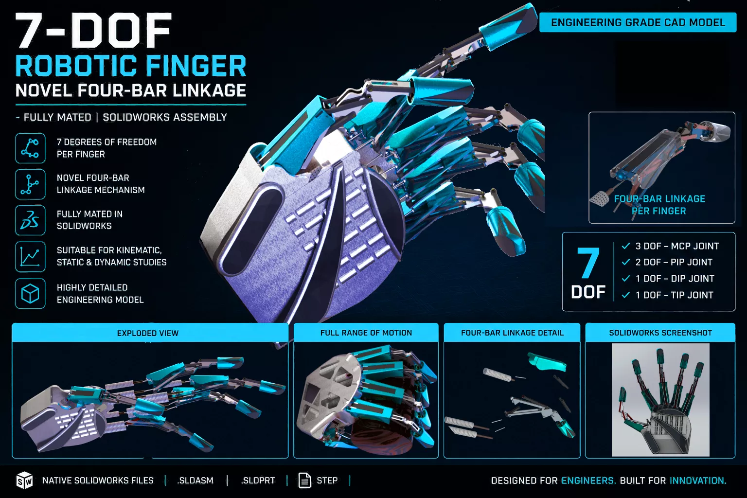 35DOF Robotic Hand Four-Bar Linkage Mechanism 3D model