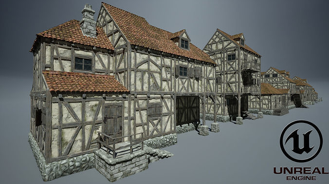 Modular Medieval Houses Game Ready Low-poly 3D model