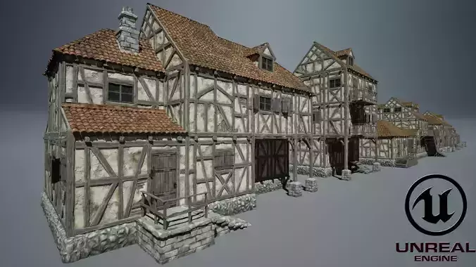 Modular Medieval Houses Game Ready