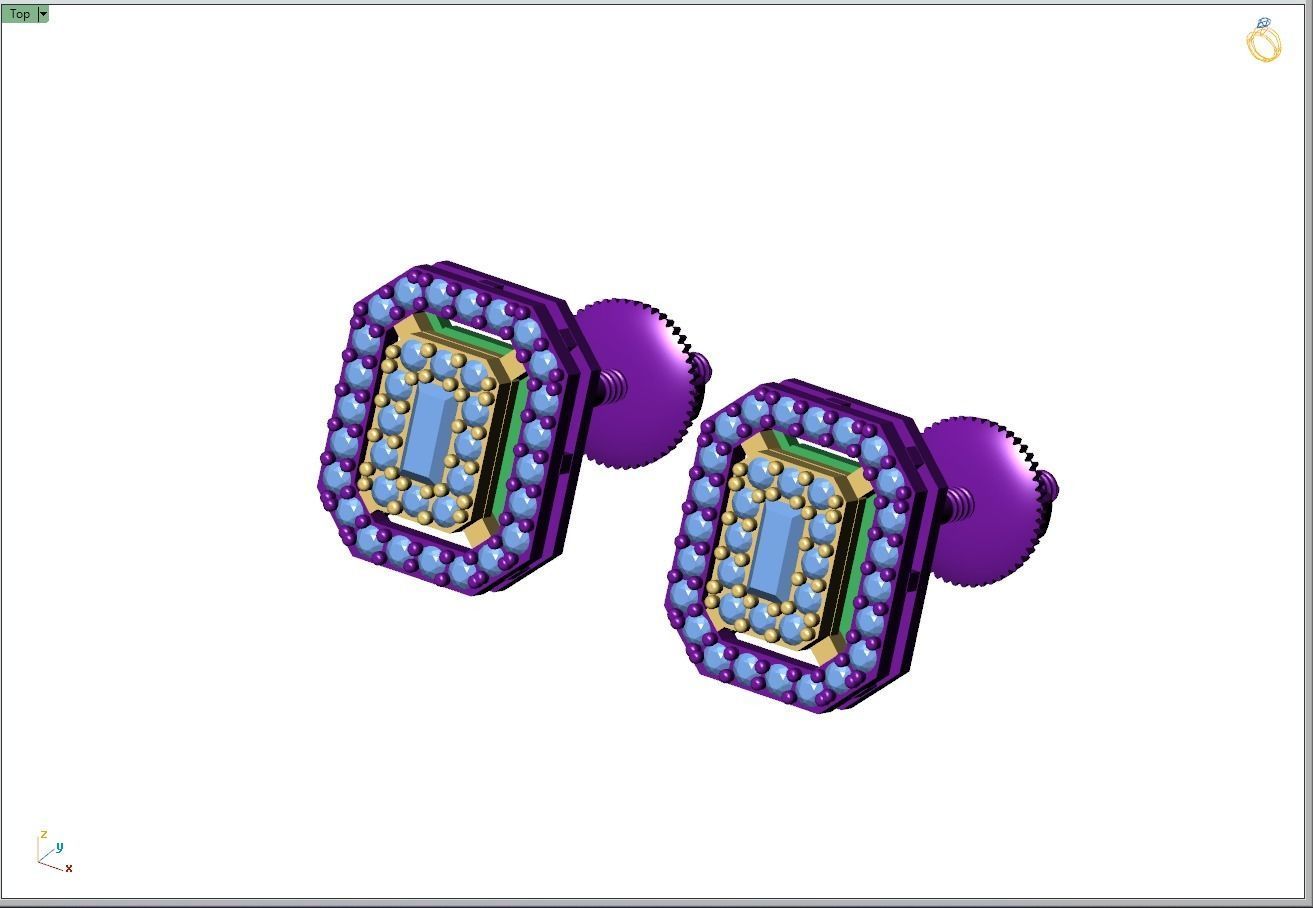 Custom Emerald Shape Cluster Diamond Studs - Earrings 3D print model_7