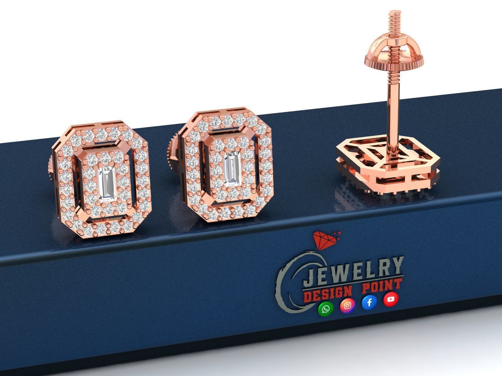 Custom Emerald Shape Cluster Diamond Studs - Earrings 3D print model_2