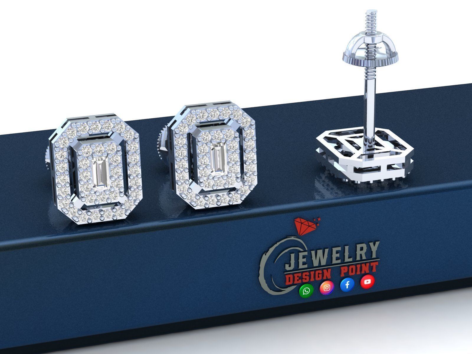 Custom Emerald Shape Cluster Diamond Studs - Earrings 3D print model_3