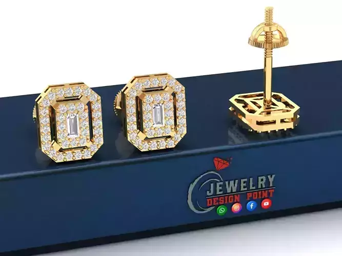 Custom Emerald Shape Cluster Diamond Studs - Earrings