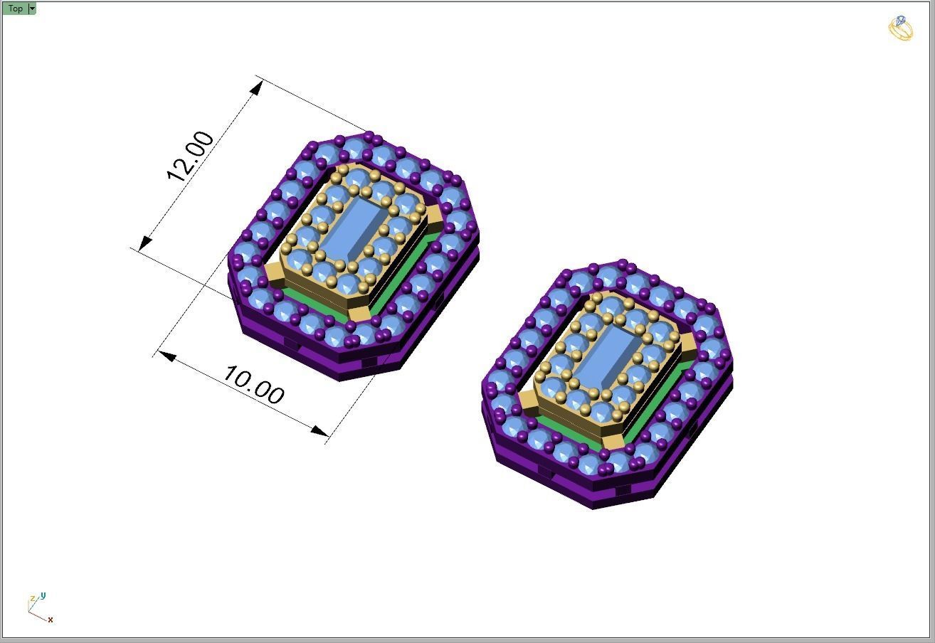 Custom Emerald Shape Cluster Diamond Studs - Earrings 3D print model_4