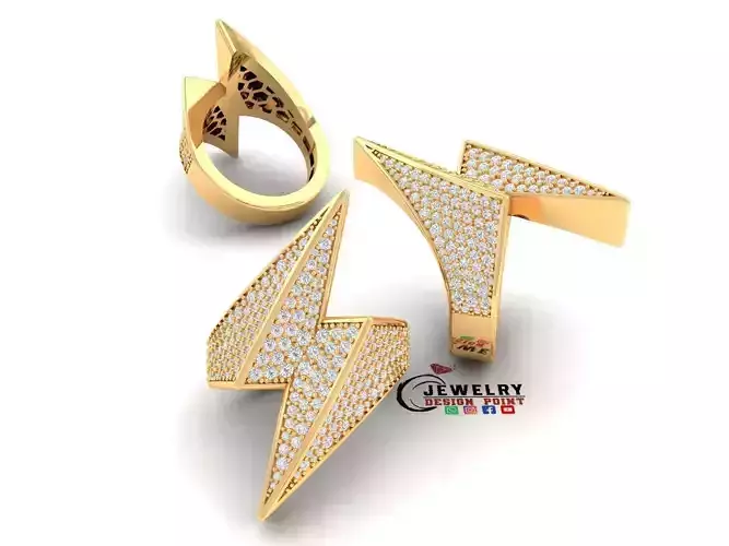 Custom Lightning Bolt Diamond Ring - Thunder Ring -  3D print model