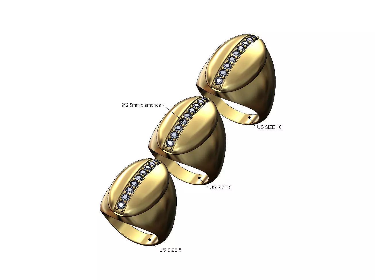 Diamond oval orb dome ring US sizes 8 9 10 3D print model