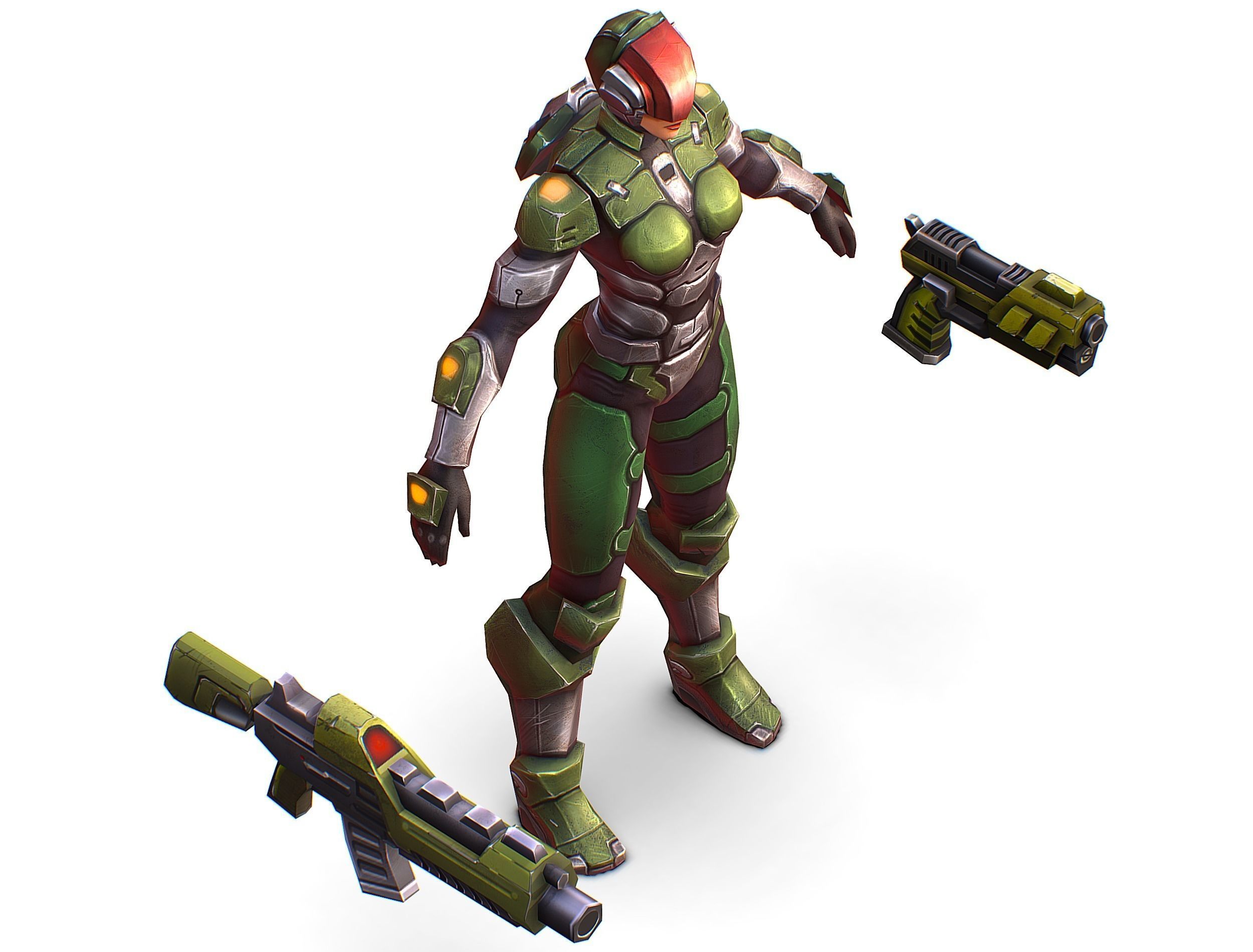 Sci-FI Woman Cyborg Soldier with Rifle and Pistol Low-poly 3D model_14