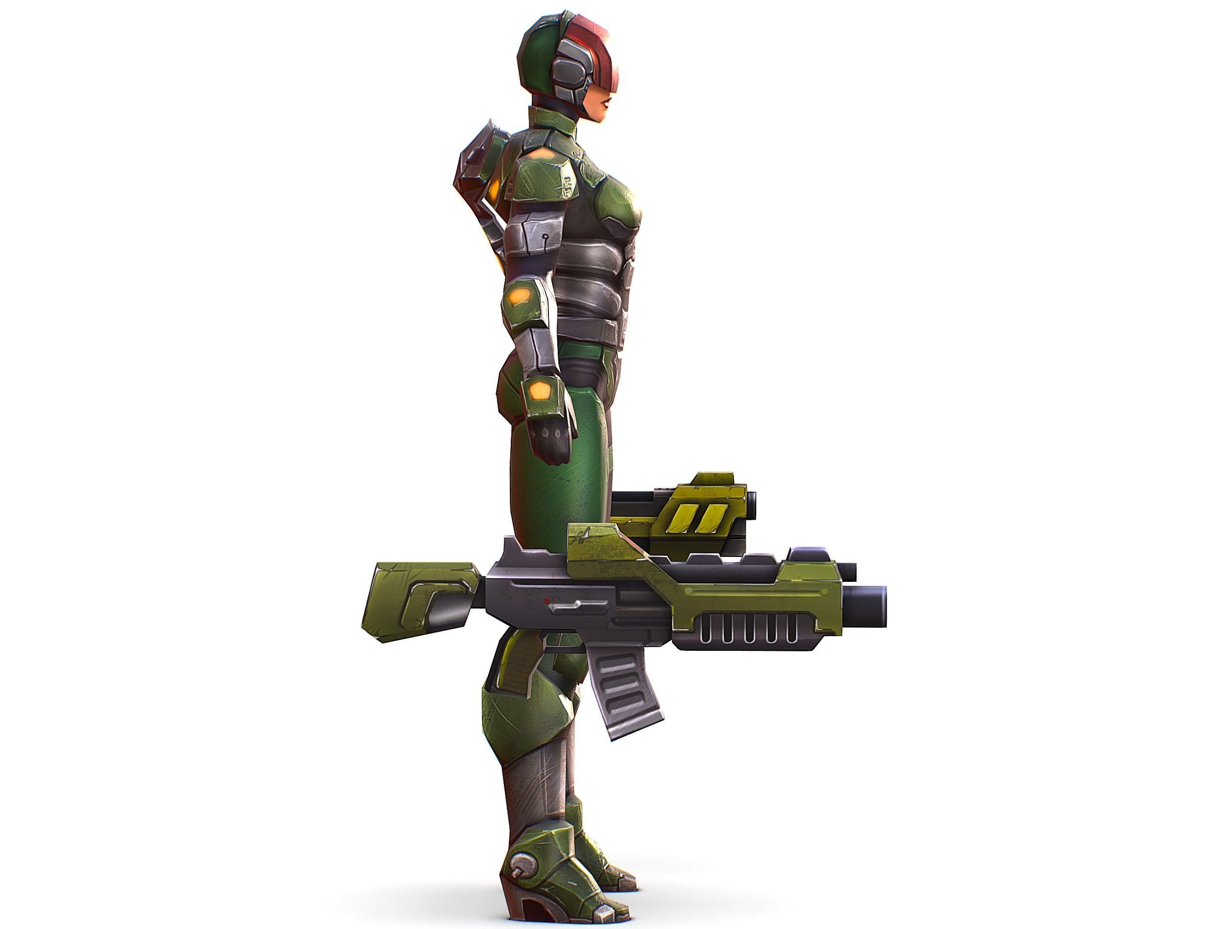 Sci-FI Woman Cyborg Soldier with Rifle and Pistol Low-poly 3D model_2
