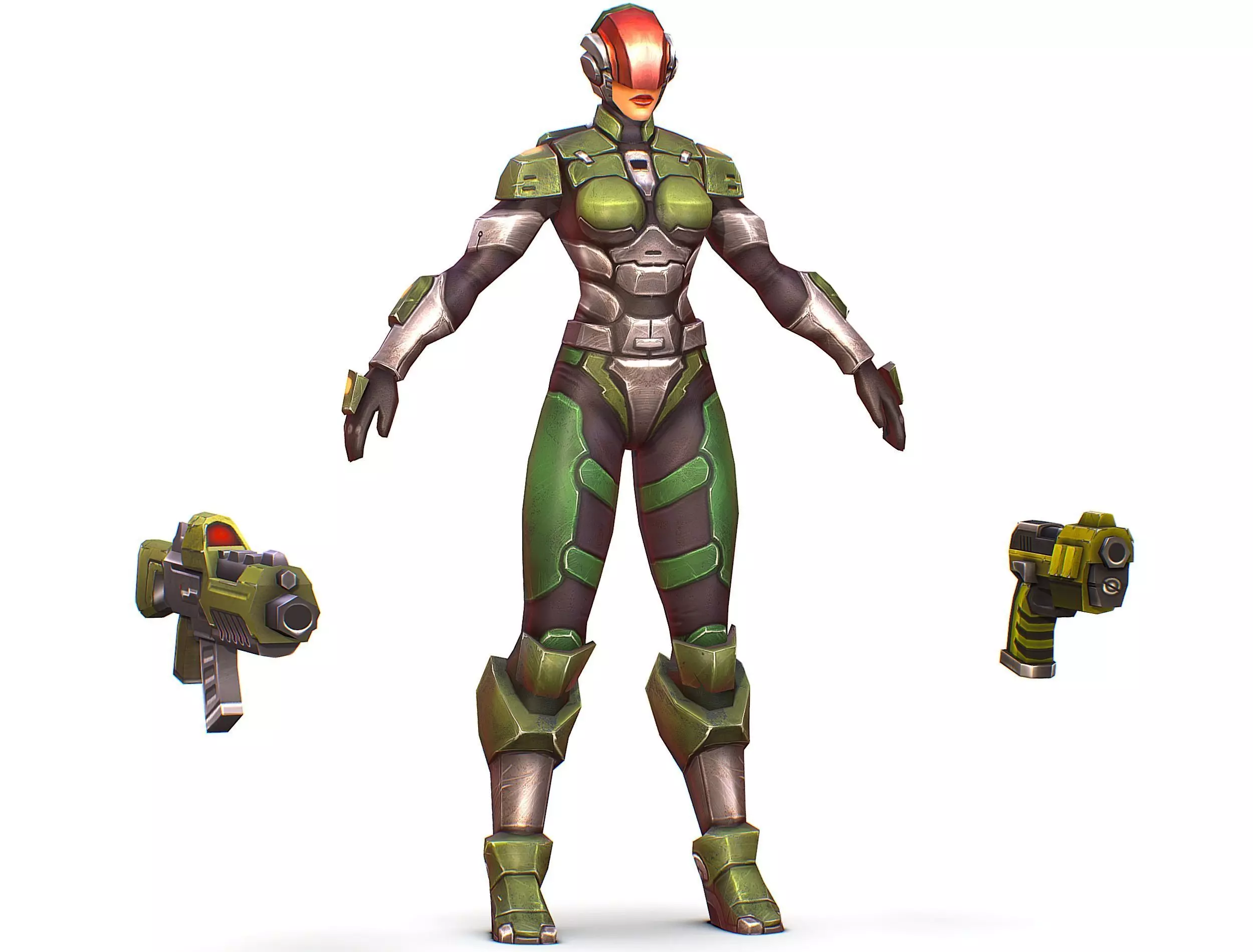 Sci-FI Woman Cyborg Soldier with Rifle and Pistol Low-poly 3D model_0