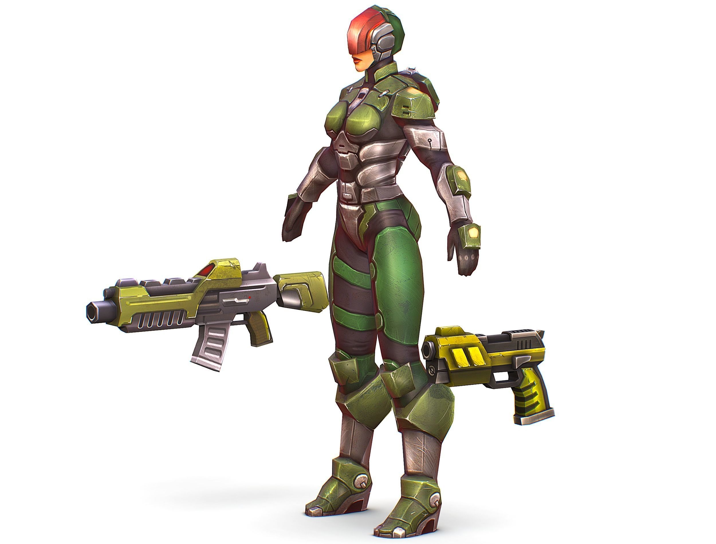 Sci-FI Woman Cyborg Soldier with Rifle and Pistol Low-poly 3D model_10