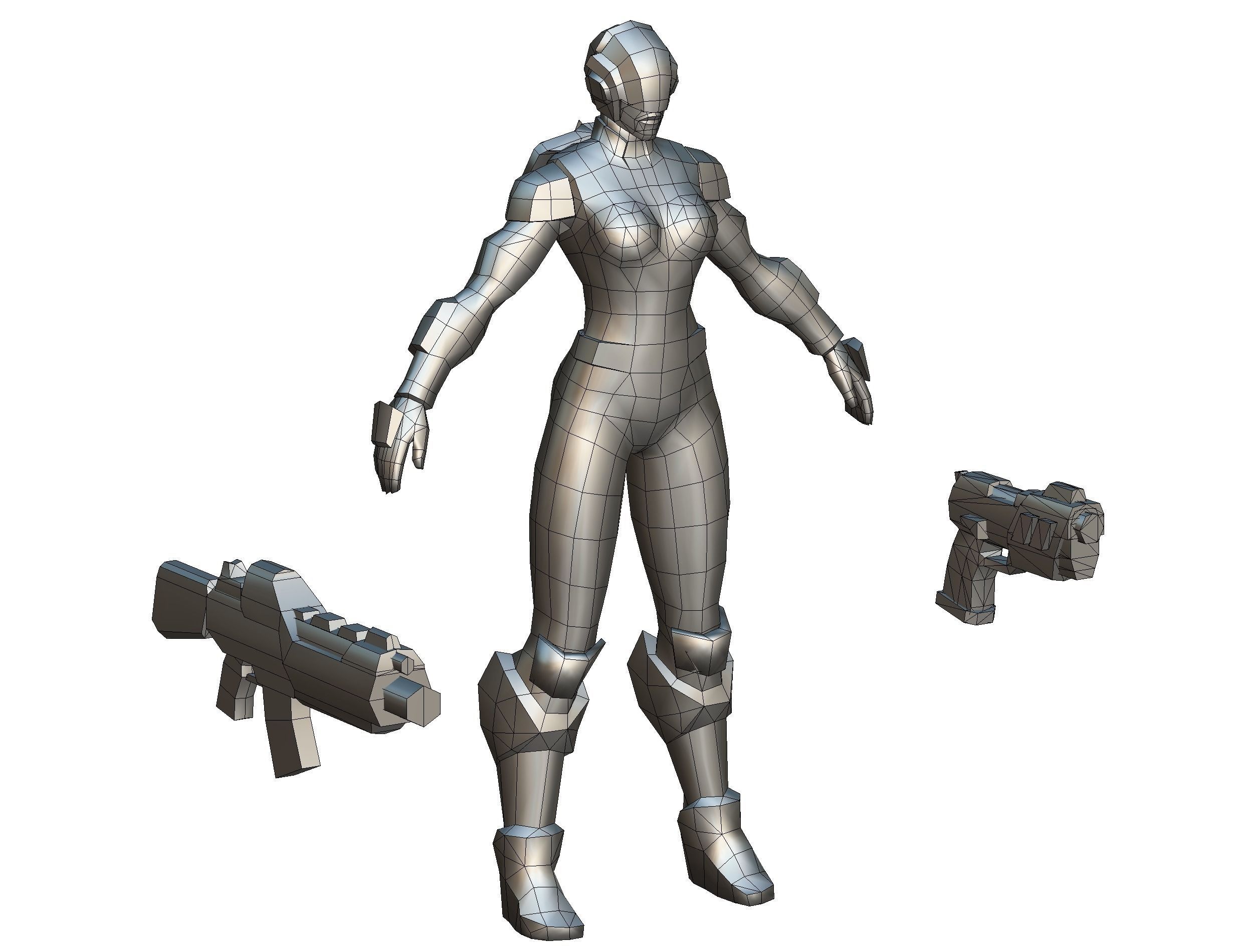 Sci-FI Woman Cyborg Soldier with Rifle and Pistol Low-poly 3D model_35