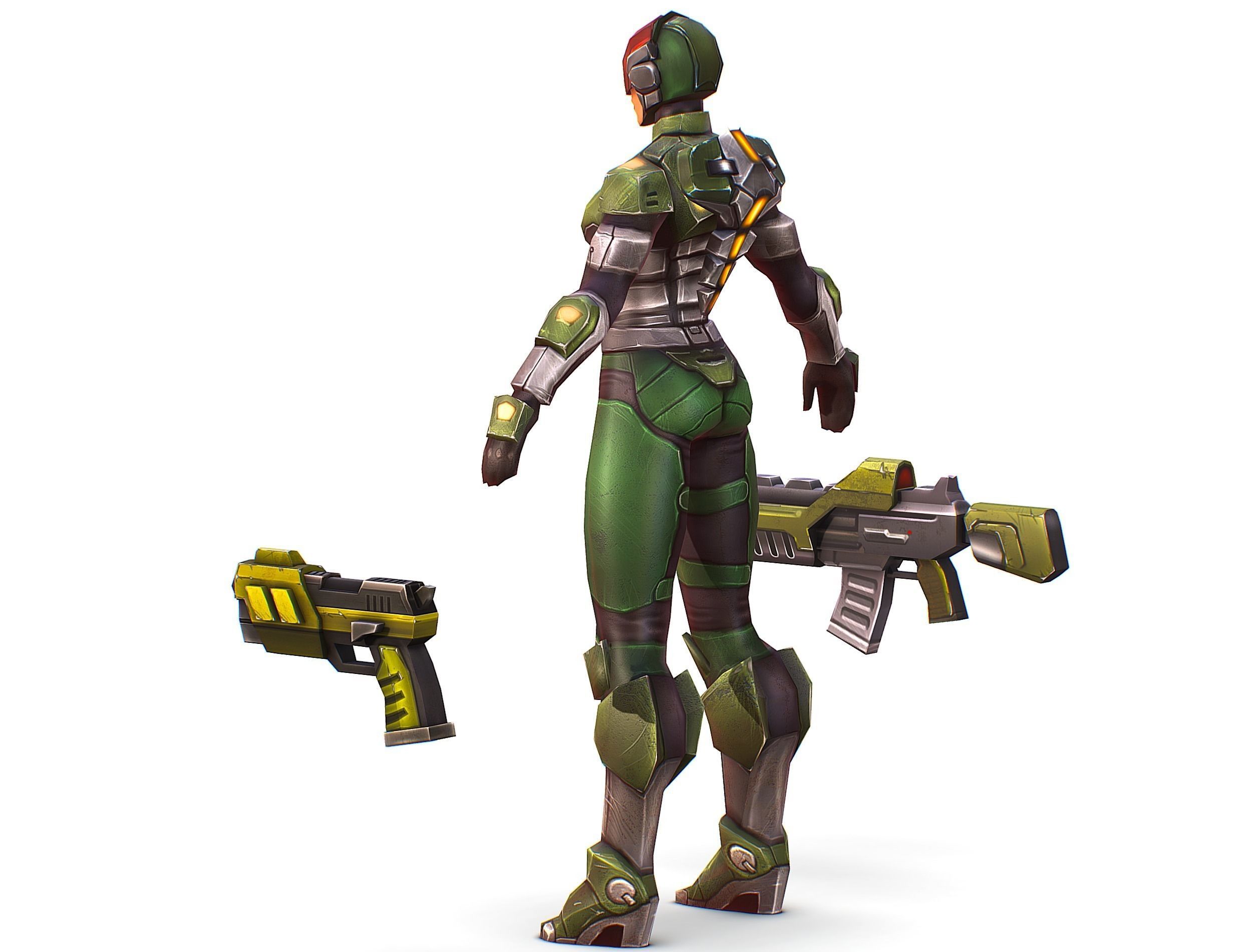 Sci-FI Woman Cyborg Soldier with Rifle and Pistol Low-poly 3D model_7