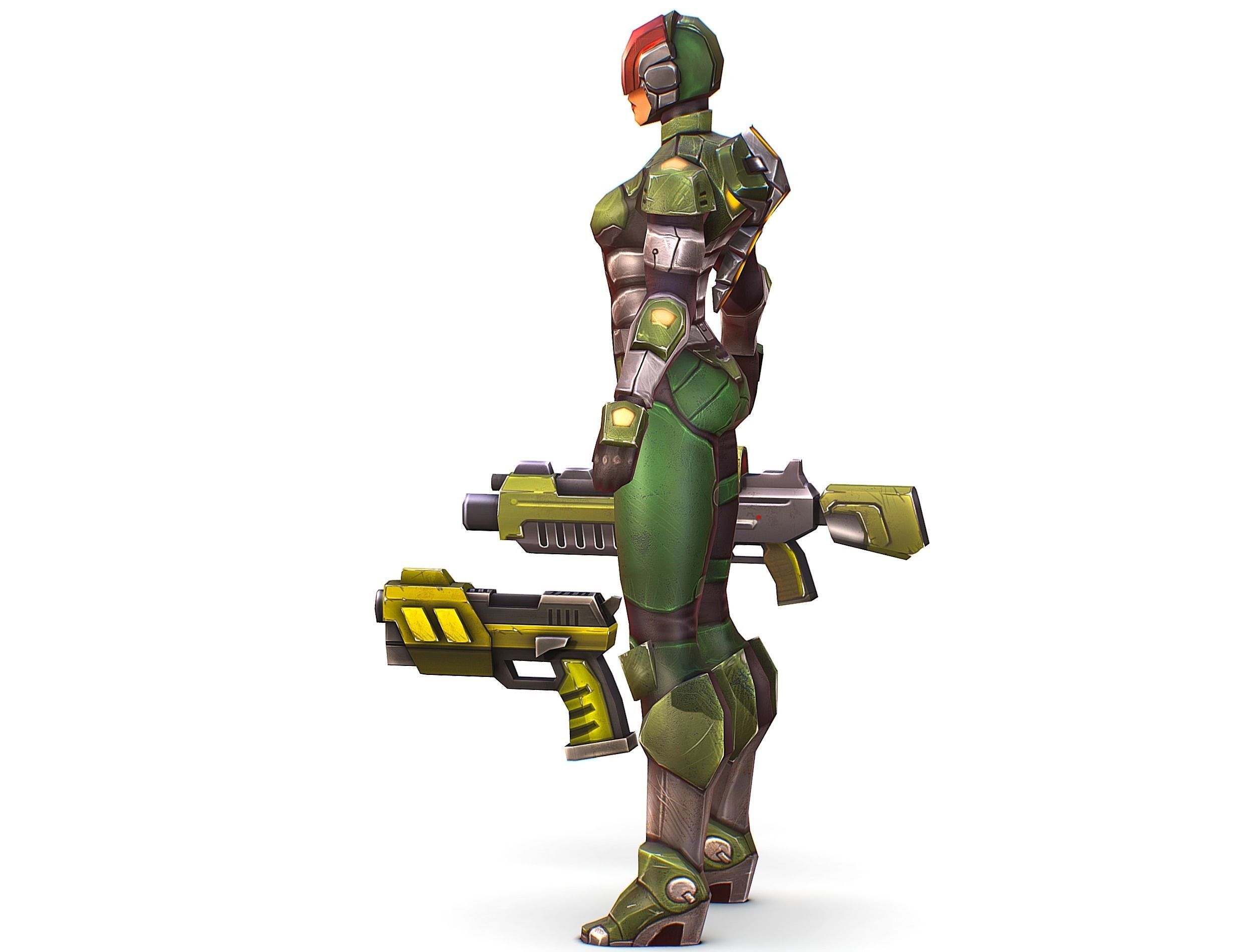 Sci-FI Woman Cyborg Soldier with Rifle and Pistol Low-poly 3D model_8